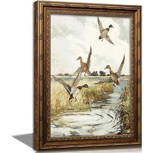 Vintage Gold Framed Flying Duck Canvas Wall Art Country Mallard Duck Wildlif Painting Picture Wall Decor Retro Rustic Landscape Poster Print Artwork for Living Room Bedroom Office Home Decoration