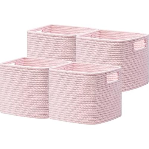 UBBCARE Storage Cubes 4 Pack, 11x 11x 7.8 Cube Storage Bin with Handles, Cotton Rope Baskets for Organizing, Woven Baskets for Shelf, Baby Nursery, Toy Storage, Closet, Classroom, Pink