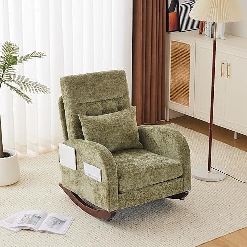 VINGLI Chenille Low Seat Rocking Chair,Upholstered Nursery Glider Chair with Side Pockets,Accent Arm Chair with High Backrest,Comfy Head Rest,Solid Wood,for Living Room Bedroom Balcony,Olive Green