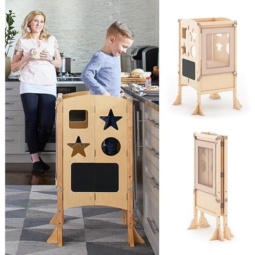 Guidecraft Classic Kitchen Helper® Toddler Tower and 2 Keepers - Natural: Folding Wooden Adjustable Height Platform, Kitchen Montessori Learning Step Stool, Chalkboard, Supports Up to 125lbs