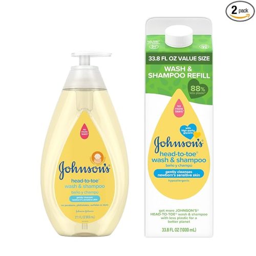 Johnson's Baby Head to Toe Bath Starter Kit, Hypoallergenic Wash & Shampoo for Sensitive Skin & Hair, 27.1 fl. Oz Bottle and 33.8 fl. Oz Value Size Refill Pack