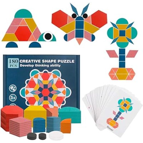 Amazon.com: USATDD 180 Pcs Wooden Tangrams Pattern Blocks Set Geometric Manipulative Shape Puzzle Kindergarten Classic Educational Montessori Toys for Kids Toddlers with 24 Pcs Flash Cards : Toys & Games
