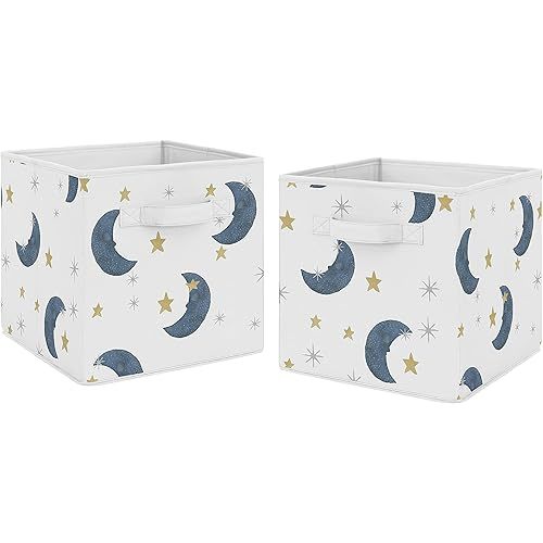 Sweet Jojo Designs Moon and Star Foldable Fabric Storage Cube Bins Boxes Organizer Toys Kids Baby Children's - Set of 2 - Navy Blue and Gold Watercolor Celestial Sky Gender Neutral Outer Space Galaxy