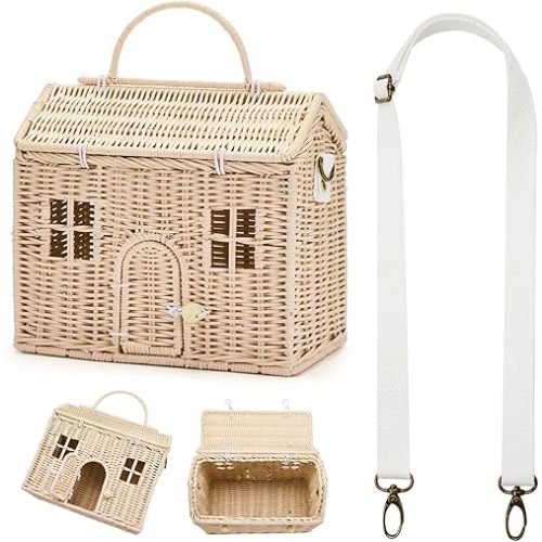 Wettarn Handmade Rattan Doll House Rattan House Shape Shoulder Bag Wicker Basket with Lid for Doll Toys Rattan Storage Basket Small Dollhouses Cute Woven Handcrafted Artwork Gift (Wood Color)