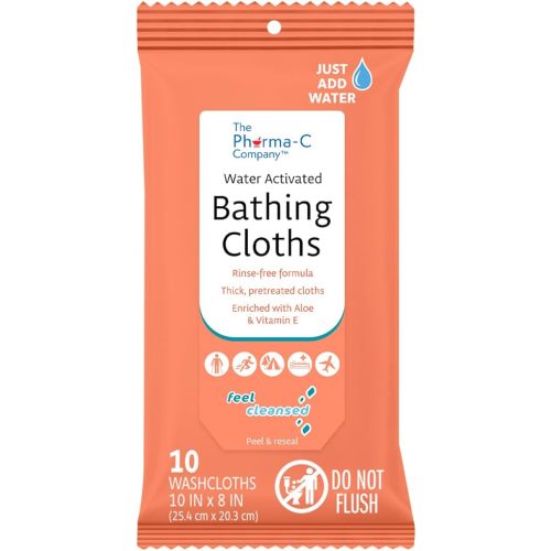 The Pharma-C Company Water-Activated Bathing Cloths [10 cloths] – Rinse-Free XL Body Wipes for Adults. Pretreated Disposable Bath Wipe for Elderly, Hospice, Camping