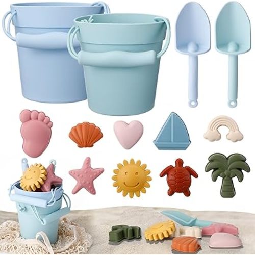 Hungdao 14 Pcs Silicone Beach Toys Travel Beach Set Sand Toys Include 2 Silicone Bucket Pail, 2 Shovel, 9 Sand Molds, 1 Beach Bag for Boys Girls Summer Pool Outdoor Bath Toys (Blue, Green)