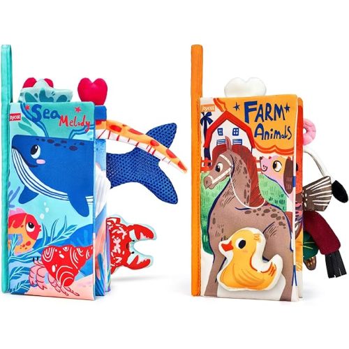JoyCat 2-Pack Baby Cloth Books 0-6-12 Months - Farm & Ocean Infant Sensory Toys - Tummy Time Mirror & Montessori Developmental Learning -Easter Basket Stuffers Gift Set Girl Boy