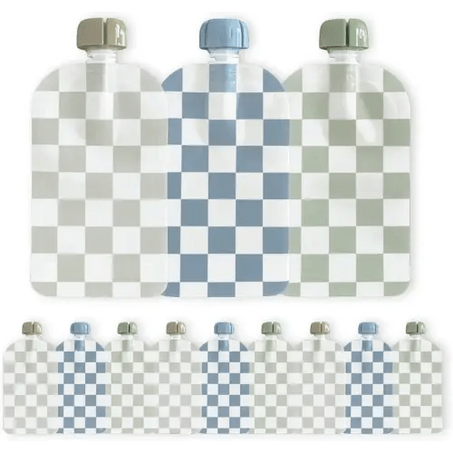 Hippypotamus Reusable Baby Food Pouches for Toddlers - BPA Free Food Grade - Dishwasher & Freezer Safe - Baby Food Containers - Refillable Squeeze Pouch for Applesauce & Yogurt - 12 Pack (Checkered)