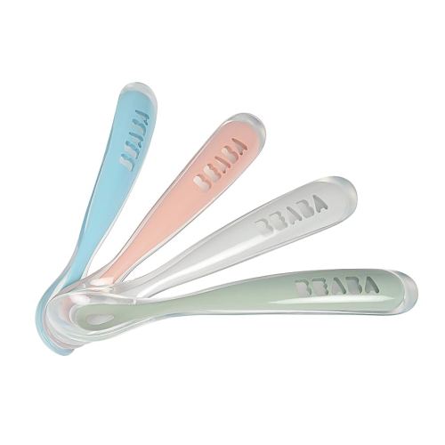 BEABA First Stage Baby Feeding Spoon Set, The Original Soft Tip Silicone Spoons for Babies, Gum Friendly BPA Lead Phthalate and Plastic Free, Great Gift Set (4 Pack), Rose