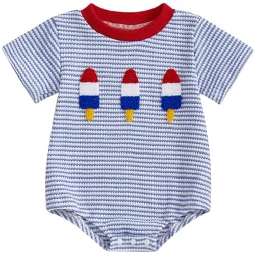 VISGOGO Unisex Baby Boy Girl Striped Romper Waffle Short Sleeve Bubble Oversized Romper Bodysuit Summer Onesie Clothes