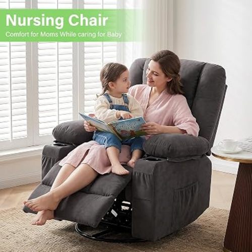 BOSMILLER 360° Swivel Rocker Recliner Chair for Adults,Oversized Recliner Chair with Massage and Heating, Manual Nursery Glider Recliner with Cup Holder and Side Pocket for Living Room, Bedroom,Grey
