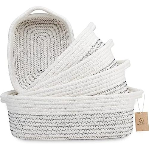 NaturalCozy 5-Piece Rectangle Storage Basket Set- Natural Cotton Rope Woven Baskets for Organizing! Small Basket for Montessori, Baby Nursery, Dog Toy Baskets, Cat Toy Box, Bathroom Organization Bin