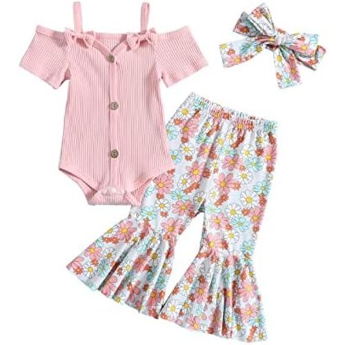 Fernvia Infant Baby Girl Clothes Suspenders Short Sleeve Ribbed Romper Flared Pants Set Headband 3pcs Summer Outfit