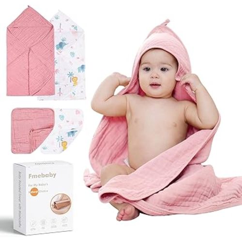 Muslin Bath Towel for Toddler 4 Pcs, 36x36 Inch 100% Muslin Cotton Baby Hooded Bath Towel and Washcloths for Babies, Infant and Kids, Soft and Absorbent Newborn Essential(Pink and Elephant)