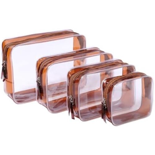 4 Pcs Clear Toiletry Carry Pouch with Zipper, Makeup Cosmetic Bag for Women Men Traveling Vacation Organization Business Trip Home Clear-Brown