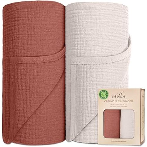 Organic Cotton Muslin Baby Blanket - 47x47 Inch Breathable Swaddle, Hypoallergenic Double-Layer, Versatile Use (Rust/Ivory)