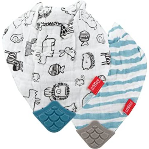 Nuby 100% Natural Cotton Muslin Bib - Bib with Teething Corner (2-Pack) 3+ Months - Zoo