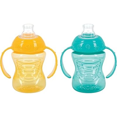 Nuby Two-Handle No-Spill Super Spout Grip N' Sip Cups, 8 Ounce (2 Count, Yellow, Aqua)