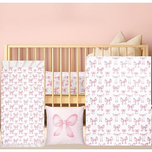 Baby Pink Bow Crib Bedding Set 3 Pcs Crib Set Baby Blanket, Fitted Sheet, Pillowcase Soft Flannel Nursery Bedding for Standard Infant Bed and Toddler Mattress Newborns Gifts