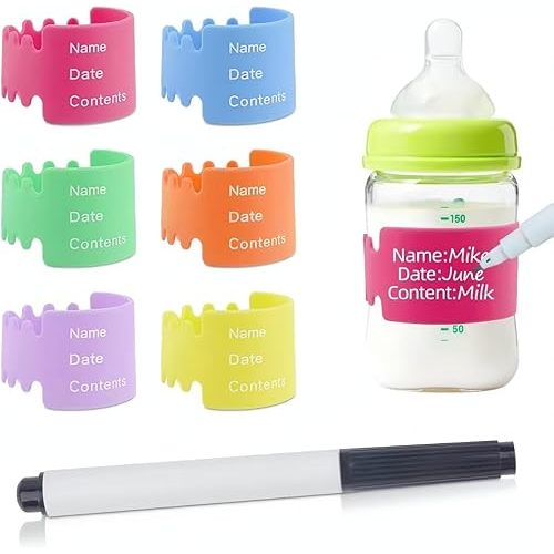 6PCS Bottle Labels Daycare Reusable, Waterproof Silicone Baby Bottle Labels for Daycare,Write and Reuse Sippy Cup Bands Baby Bottle Labels with Marker(6 Color)