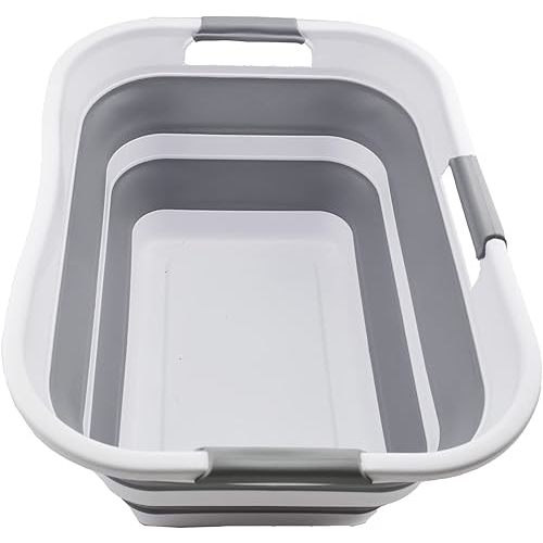 SAMMART 30L(8 gallon) Collapsible Plastic Laundry Basket - Foldable Pop Up Storage Container/Organizer - Space Saving Hamper/Basket - Water Capacity 24L(6.3 gallon) (1, White/Grey/White)