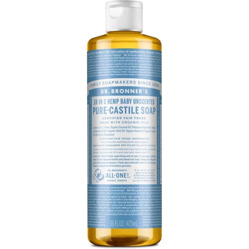 Dr. Bronner’s - Pure-Castile Liquid Soap (Baby Unscented, 16 Ounce) - Made with Organic Oils, 18-in-1 Uses: Face, Hair, Laundry & Dishes For Sensitive Skin & Babies, No Added Fragrance, Vegan, Non-GMO