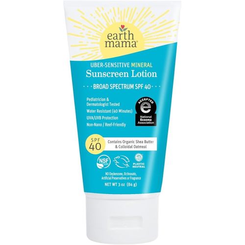 Earth Mama Uber-Sensitive Mineral Sunscreen Lotion SPF 40 | Reef Safe, Non-Nano Zinc, Contains Organic Colloidal Oatmeal | Steroid-Free Eczema Cream for Baby, Kid & Family, 3-Ounce