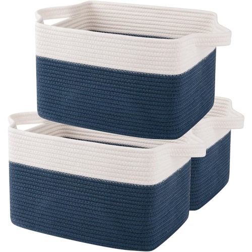 OIAHOMY Storage Baskets - Woven Cotton Rope Baskets for Shelves, Toy Towel Organizer Bins, Pack of 3, Blue & White