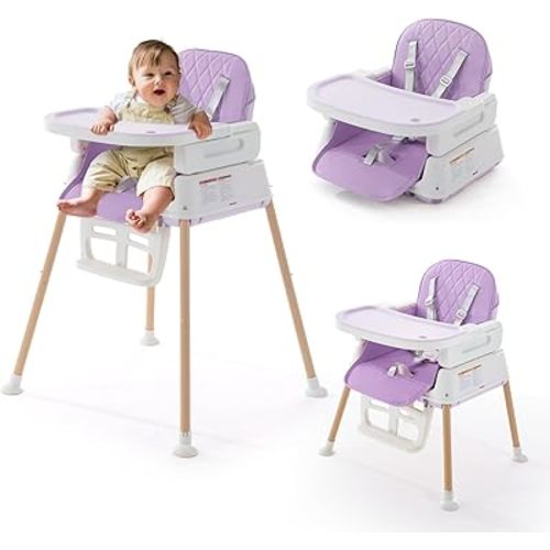 3 in 1 Baby High Chair, Portable High Chairs for Babies and Toddlers, Adjustable Convertible Infant Baby Feeding Chair Booster for Eating with Detachable Double Tray, 5 Point Harness, Footrest Purple