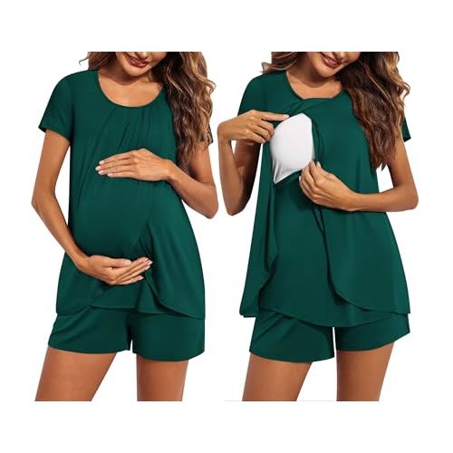 Ekouaer Women's Maternity Nursing Pajamas Set Breastfeeding Sleepwear Double Layer Short Sleeve Top & Shorts Nursing Pjs