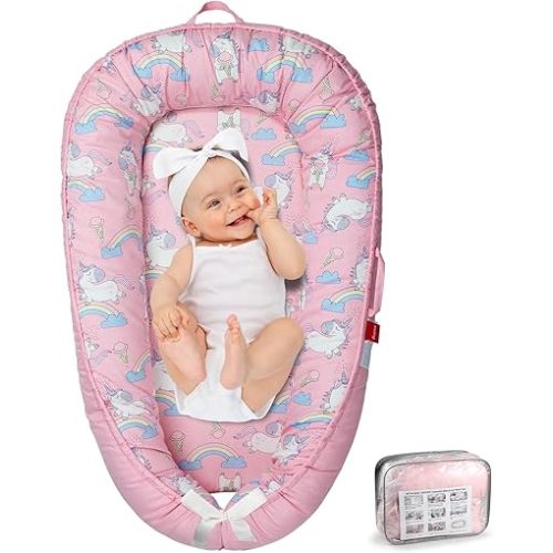 Baby Lounger - Baby Lounger for Newborn 0-24 Months, Breathable & Soft Baby Nest, Portable and Lightweight Infant Lounger Newborn Babies Essentials Gifts for Home and Travel, Pink Unicorn