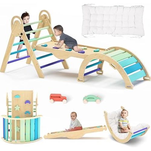 Pikler Triangle Set with Cushion, Climbing Toys for Toddlers 1-3 Inside Toddler Climbing Toys Indoor, Baby Climbing Gym, Montessori Climbing Set, 9 Combinations Indoor Playground Jungle Gyms