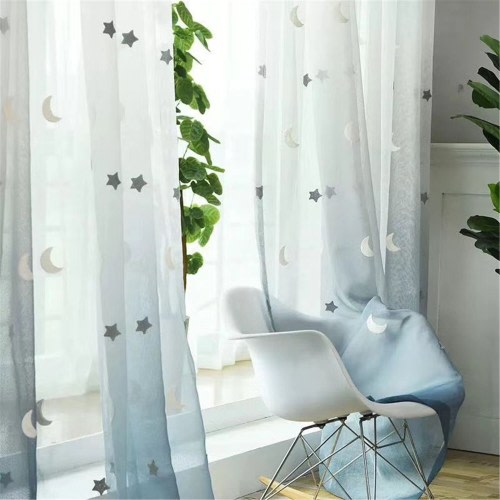 Embroidered Moon Stars Curtain: Gradient Sheer Lace, Polyester Yarn