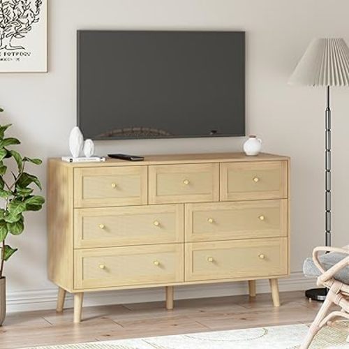 Rattan Dresser for Bedroom with 7 Drawers, Durable Dressers & chests of Drawers with Gold Handles, Natural Wood Dresser for Bedroom, Entryway, Hallway