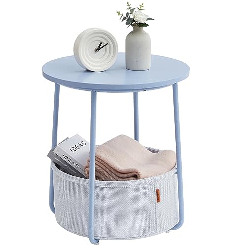 VASAGLE Small Round Side End Table, Modern Nightstand with Fabric Basket, Pale Blue and Ice Blue ULET223Q62