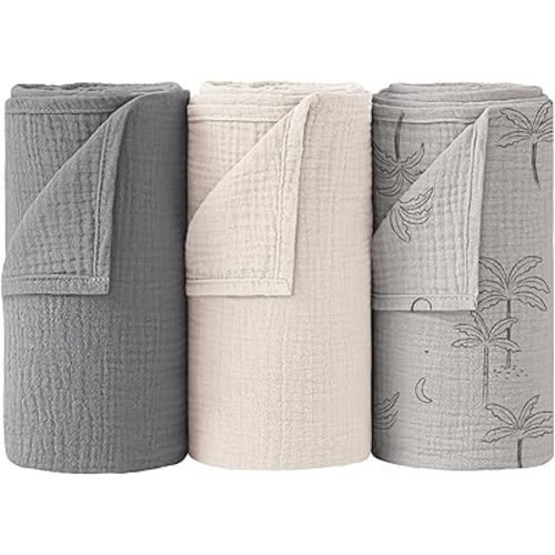 Bearmoss Muslin Swaddle Blankets 100% Cotton Large Baby Swaddle Blankets 47x47in, Super Soft Breathable Receiving Blankets for Unisex Baby Boys Girls (Grey Coconut Tree)