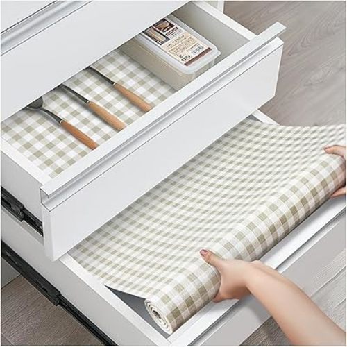 Drawer and Shelf Liner, Non-Slip Kitchen Cabinet Liners Non-Adhesive Thick Strong Grip Waterproof Washable Mats Protect Dresser Shelves Cupboard Bathroom Cabinets, Green Plaid, 12 in X 10 FT