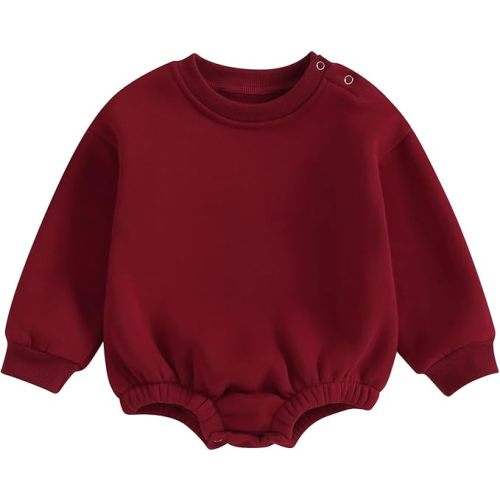 Newborn Warm Sweatshirt Romper Baby Boy Girl Solid Crewneck Long Sleeve Fleece Sweater Bodysuit Thick Winter Clothes (0-3 Size)