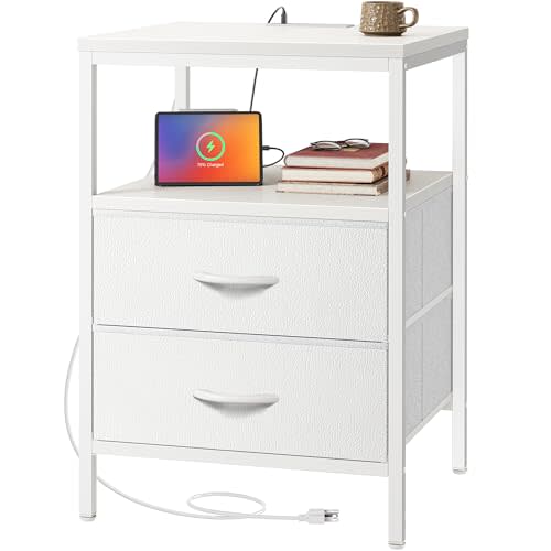 Huuger Night Stand with Charger Station, 27.7 Inch Tall Nightstand, Bed Side Table with 2 Fabric Drawers, Fabric Drawer Dresser, PU Leather Surface, for Bedroom, Living Room, White