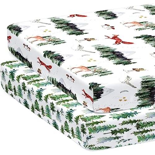 2-Pack Pack N Play Sheets for Standard Pack and Plays and Mini Cribs (Starry Woodland)- Ultra-Soft Cotton Blend, Stylish Woodland Pattern, Safe and Snug for Baby