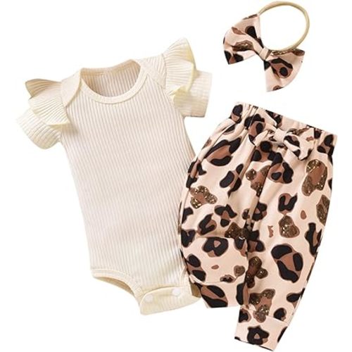 Aalizzwell Baby Girls Ribbed Bodysuit Pants Outfits Spring Summer Clothes - Cheetah - 0-3 Months