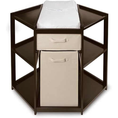 Badger Basket Corner Diaper Changing Table with Laundry Hamper, Storage Bin, and Contoured Pad for Baby - Espresso
