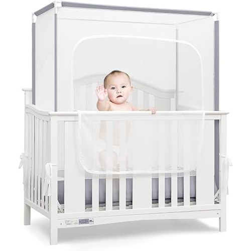 2025 Upgrade Crib Tent to Keep Baby from Climbing Out, Crib Net to Keep Baby in, See Through Crib Cover for Safety, Mosquito Net for Crib with Strong Mesh and Durable Zipper, Easy to Install (Gray)