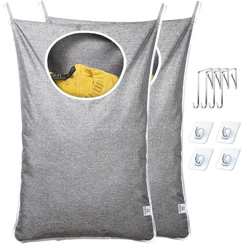 KEEPJOY Saves Space Door-Hanging Laundry Bag,Door Hanging Laundry Hamper with 2 Different Types of Hooks, Oxford Fabric Hanging Laundry Basket for Clothes Size 30"X20" -2 Pack Gray