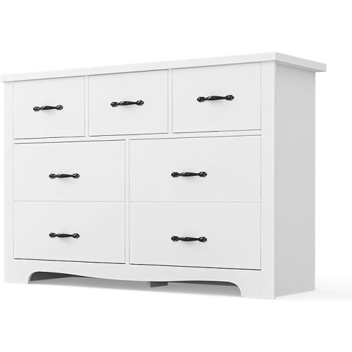 LINSY HOME White 7-Drawer Dresser - Modern Bedroom Chest with Wide Drawers, Wood Storage Organizer for Bedroom or Living Room