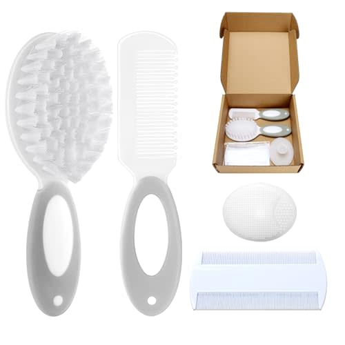 Baby Hair Brush and Comb Set, 4Pcs Baby Soft Bristles Brush Cradle Cap Brush Hair Comb for Newborns Toddlers Boys Girls (Grey)