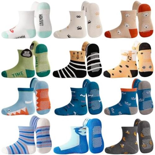 Tphon Toddler Baby Non Slip Socks Infant Anti Skid Socks with Grips 12 Pairs Crew Sock for 0-7 Years Kids Boys Girls