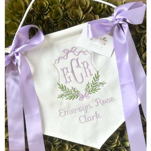 Custom Baby Banner Lavender Lilac Purple Floral Crest Welcome Banner, Hospital Door or Crib with Satin or Fabric Bows and Birth Stats Card