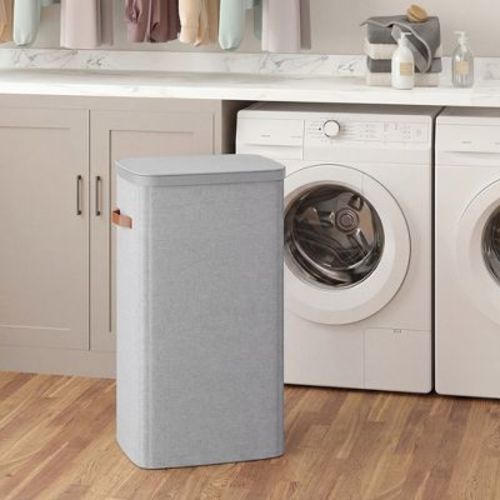 LEDREM Dual-Compartment Laundry Basket with Lid, Handles and Removable Liners, Easy-Assembly Laundry Hamper, Gray