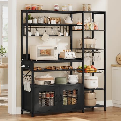 UPOSOJA Bakers Rack with Power Outlet, 47.2in Microwave Stand with Storage Shelves, Coffee Bar with Cabinet, Kitchen Pantry Hutch, Side Hooks, Wine Rack, Goblet Holder, Wire Basket (Black, Medium)